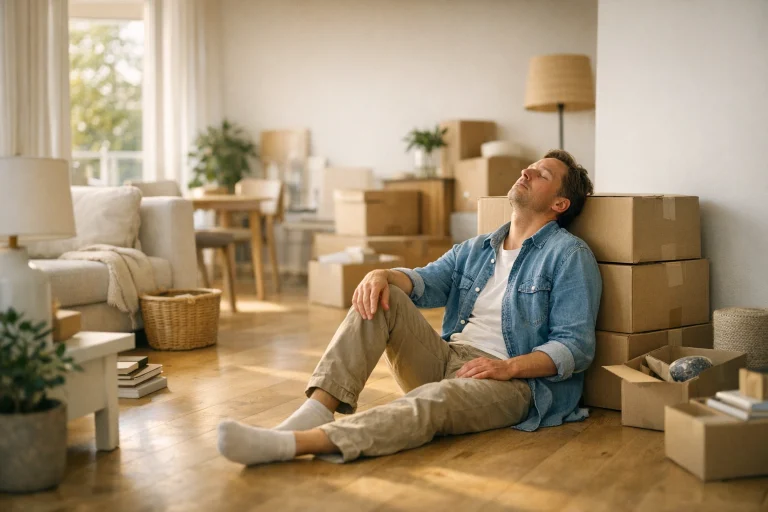 Vrouw rust uit op de vloer tegen een stapel verhuisdozen in een half uitgepakte woonkamer