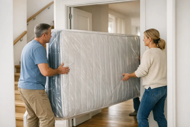 Twee personen dragen een matras in een beschermhoes rechtop door een deuropening