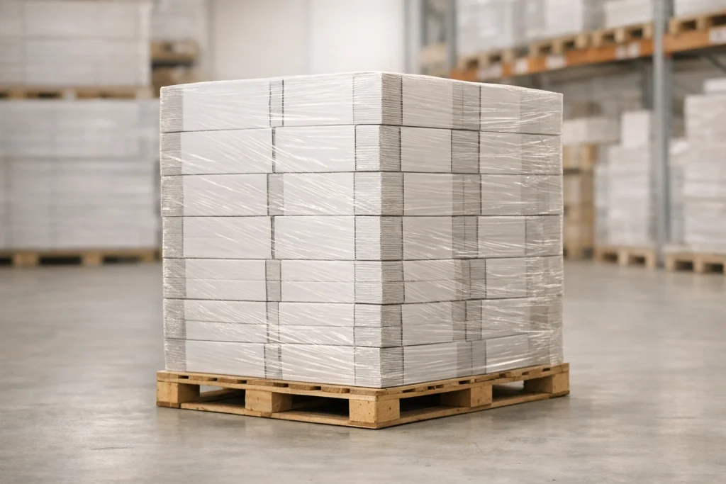 Pallet gestapeld met platte witte verhuisdozen in een magazijn