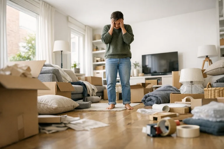 Vrouw staat met haar handen tegen haar hoofd midden in een rommelige kamer vol verhuisdozen